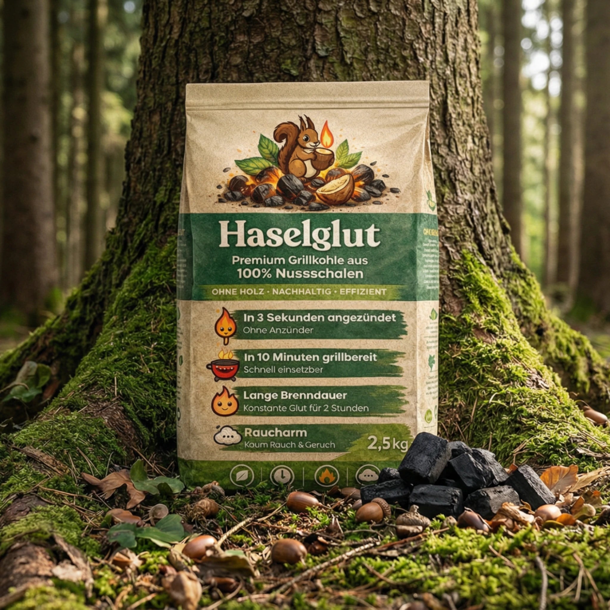 Verpackung der Haselglut Grillkohle aus 100 % Nussschalen vor Baumstamm im Wald, nachhaltige Grillkohle ohne Holz